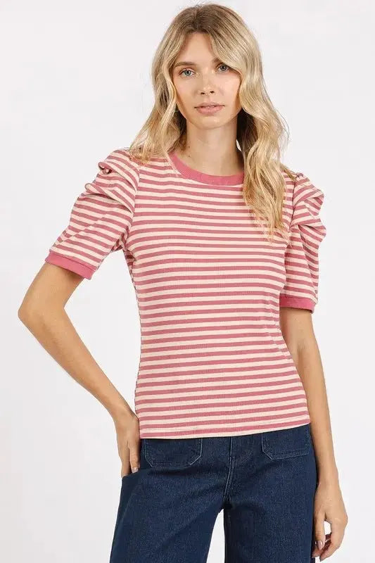 Mittoshop Striped Round Neck Puff Sleeve T-Shirt for Women - Love Salve